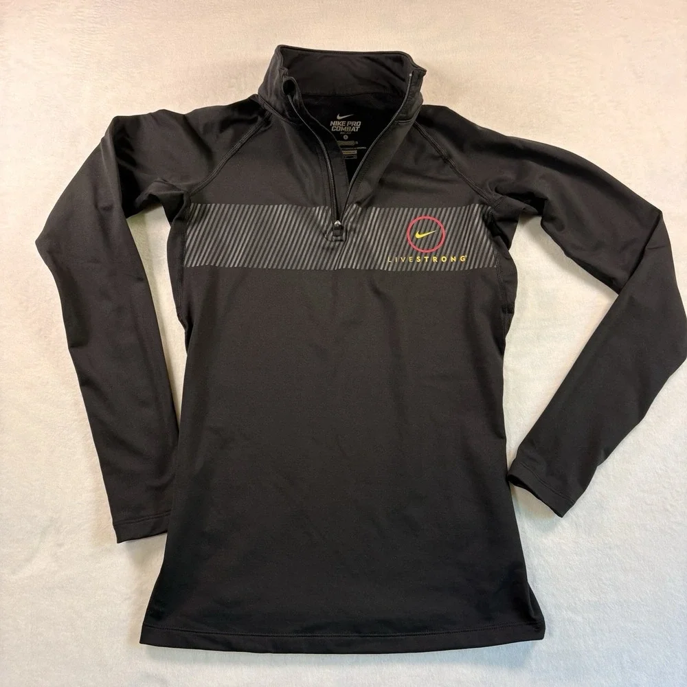 Nike Pro Combat Womens Small Black Live Strong Compression 1/4 Zip Pullover